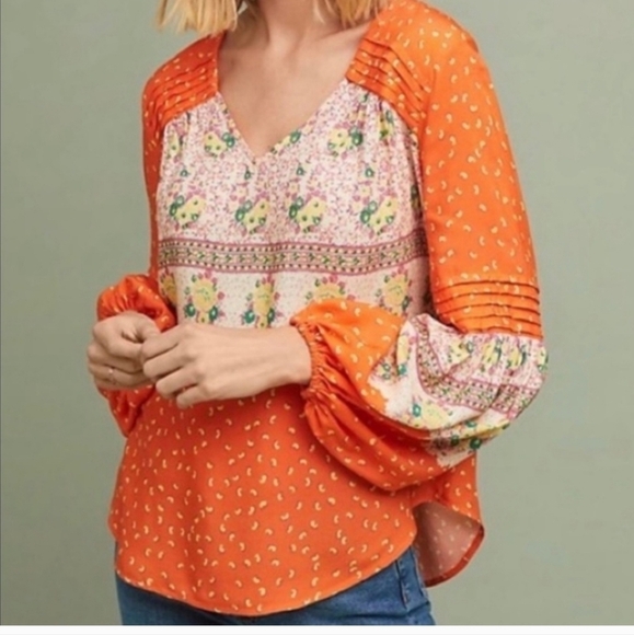 Anthropologie Maeve Ceresco Orange Floral Pleated Peasant Top 🌼 Small  ‎ 💖 - Picture 2 of 11